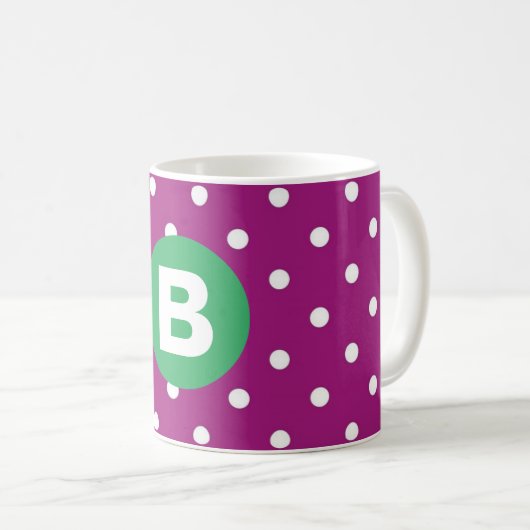 Purple Polka Dot Pattern Green Monogram コーヒーマグカップ (正面右)