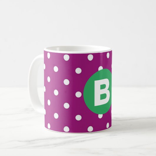 Purple Polka Dot Pattern Green Monogram コーヒーマグカップ (正面左)