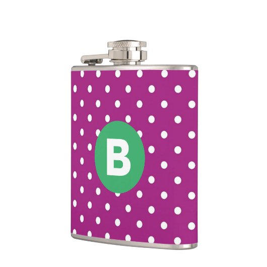 Purple Polka Dot Pattern Green Monogram フラスク (左)