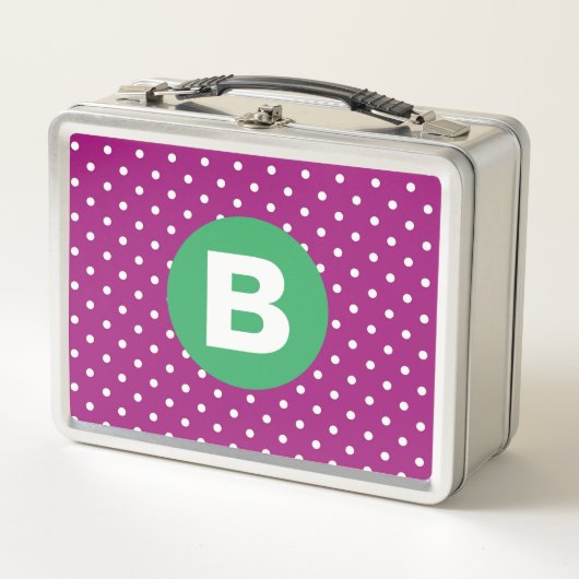 Purple Polka Dot Pattern Green Monogram メタルランチボックス (正面)