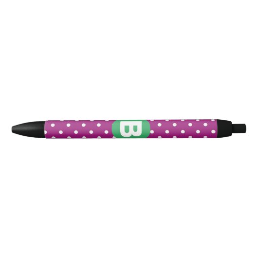 Purple Polka Dot Pattern Green Monogram 黒ボールペン (正面)