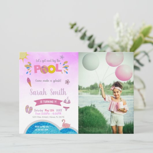 Purple Pool Birthday Invitations with photo 招待状 (スタンド正面)