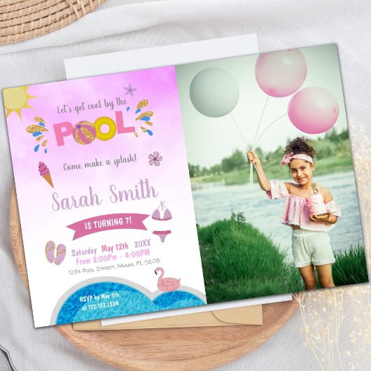 Purple Pool Birthday Invitations with photo 招待状