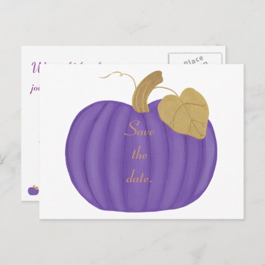 Purple Pumpkinの日付を保存するポストカードの結婚for 案内ポストカード (正面/裏面)