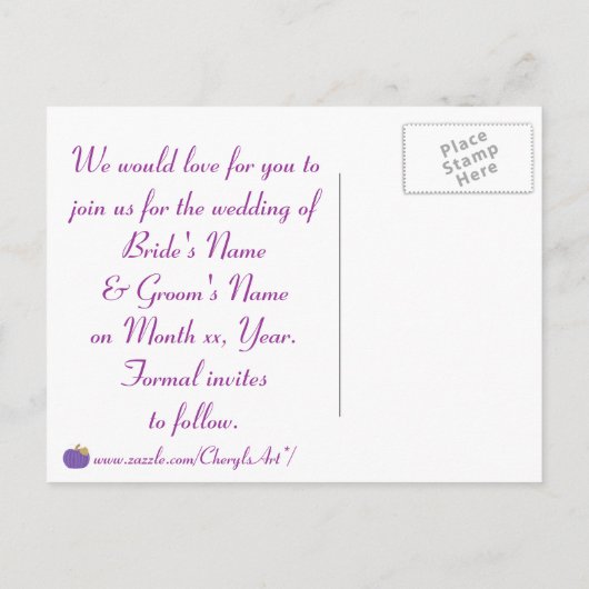 Purple Pumpkinの日付を保存するポストカードの結婚for 案内ポストカード (裏面)