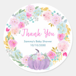 Purple Pumpkin Floral Wreath Baby Shower Thank You ラウンドシール