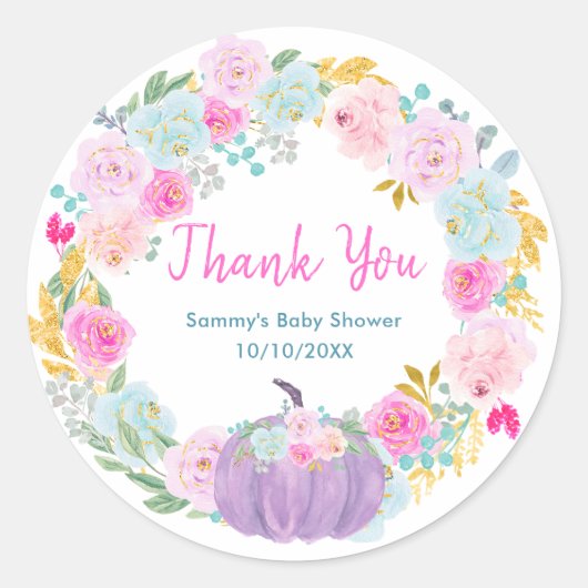 Purple Pumpkin Floral Wreath Baby Shower Thank You ラウンドシール (正面)
