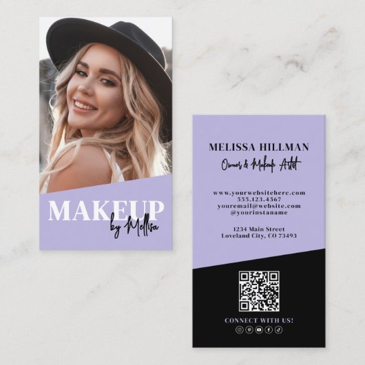 Purple QR Code Photo Makeup Vertical 名刺 (正面/裏面)