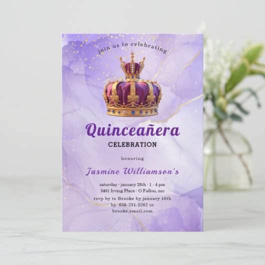 Purple Quinceanera Princess Crown Birthday Party  招待状 (スタンド正面)