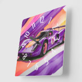 Purple Race Car Watercolor Yellow スクエア壁時計 (傾斜)