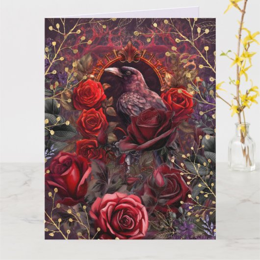 Purple Red Rose Gothic Dark Beauty Crow Raven  カード (黄色い花)
