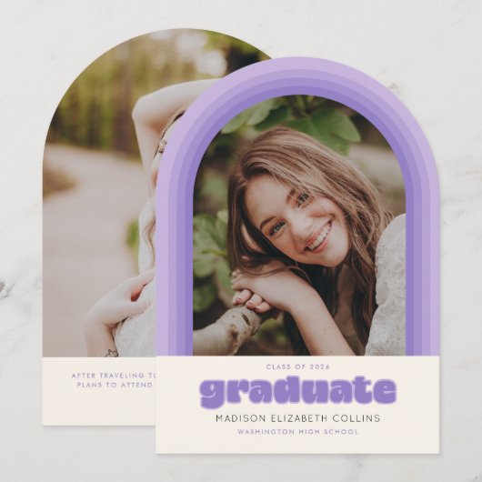 Purple Retro Striped Arch Graduation Announcement 招待状 (正面/裏面)
