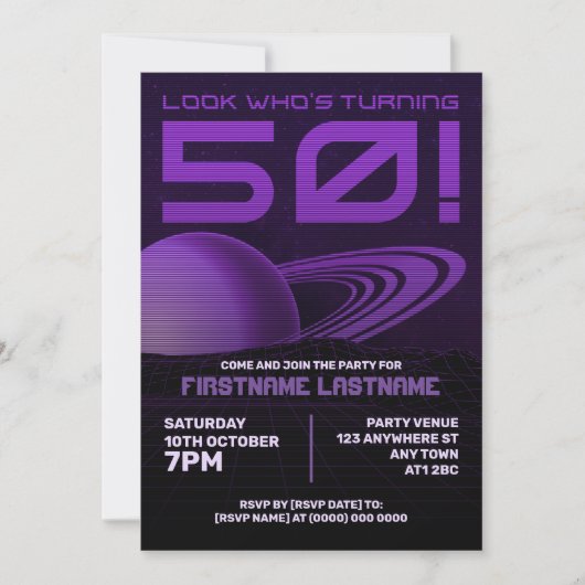 Purple Retrowave 50th Birthday Partyへの招待 招待状 (正面)