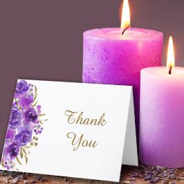 Purple Rose and Gold Leaf Floral Thank You Card サンキューカード