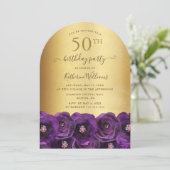Purple Rose Floral Gold 50th Birthday Party 招待状 (スタンド正面)