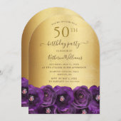 Purple Rose Floral Gold 50th Birthday Party 招待状 (正面/裏面)