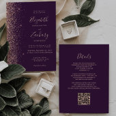 Purple Rose Gold Glitter Edge QR Code Wedding 招待状