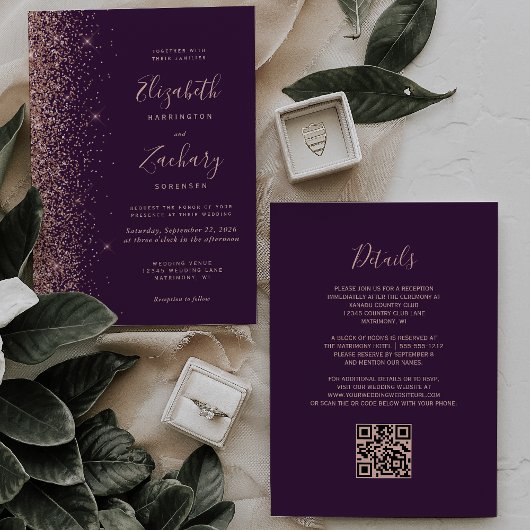 Purple Rose Gold Glitter Edge QR Code Wedding 招待状