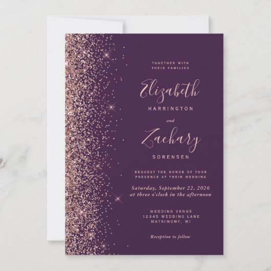 Purple Rose Gold Glitter Edge QR Code Wedding 招待状 (正面)