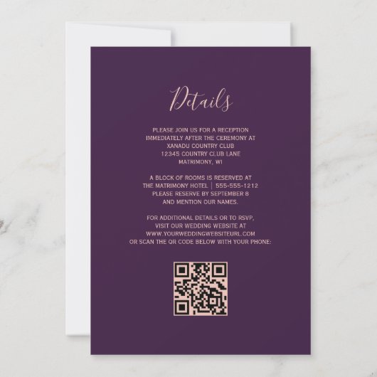 Purple Rose Gold Glitter Edge QR Code Wedding 招待状 (裏面)
