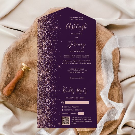 Purple Rose Gold Glitter QR Code Wedding オールインワン招待状