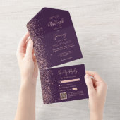 Purple Rose Gold Glitter QR Code Wedding オールインワン招待状 (貼ってはがせる)