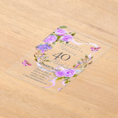 Purple Rose Ribbon 40th Birthday Invitation アクリル招待状 (レイダウン)