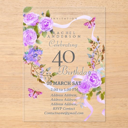 Purple Rose Ribbon 40th Birthday Invitation アクリル招待状 (正面)