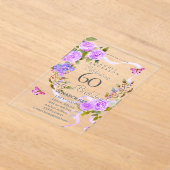 Purple Rose Ribbon 60th Birthday Invitation アクリル招待状 (レイダウン)