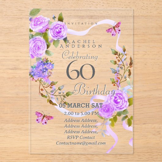 Purple Rose Ribbon 60th Birthday Invitation アクリル招待状 (正面)