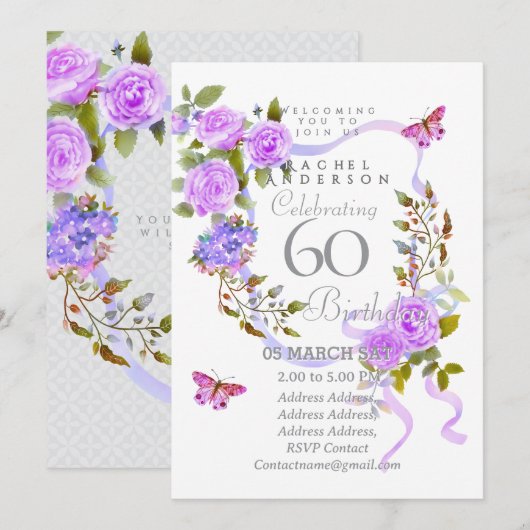 Purple Rose Ribbon 60th  Birthday Invitation 招待状 (正面/裏面)