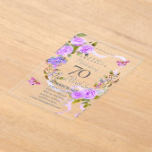 Purple Rose Ribbon 70th Birthday Invitation アクリル招待状 (レイダウン)