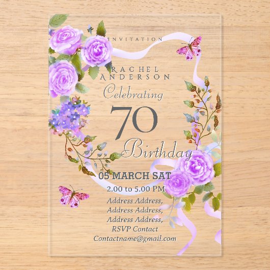 Purple Rose Ribbon 70th Birthday Invitation アクリル招待状 (正面)