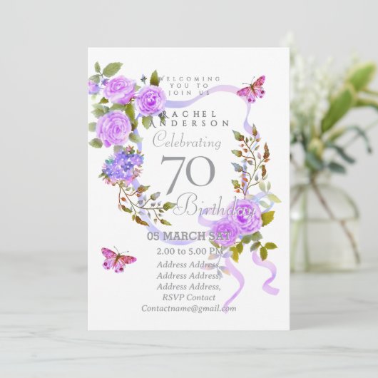 Purple Rose Ribbon 70th Birthday Invitation 招待状 (スタンド正面)