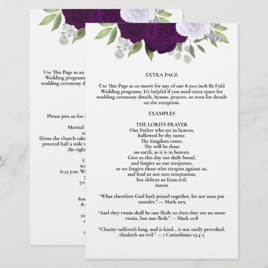 Purple Roses Bi-Fold Wedding Program Extra Page (正面/裏面)
