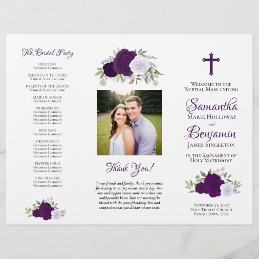 Purple Roses DIY tri-fold Catholic Wedding Program チラシ (正面)