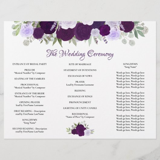 Purple Roses DIY tri-fold Catholic Wedding Program チラシ (裏面)