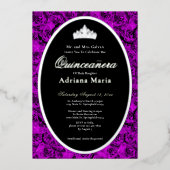 Purple Roses Elegant Silver Floral Quinceanera 箔招待状 (正面)