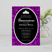 Purple Roses Elegant Silver Floral Quinceanera 箔招待状 (立ち正面)