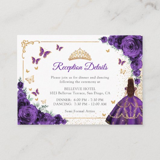 Purple Roses Gold Quinceanera Reception Details エンクロージャーカード (正面)