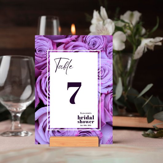 Purple Roses Photo Bridal Shower Table Number Card 招待状