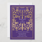 Purple Royal Medieval Gold Sword Wedding QR Code 招待状 (正面)