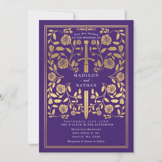 Purple Royal Medieval Gold Sword Wedding QR Code 招待状 (正面)