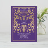 Purple Royal Medieval Gold Sword Wedding QR Code 招待状 (スタンド正面)