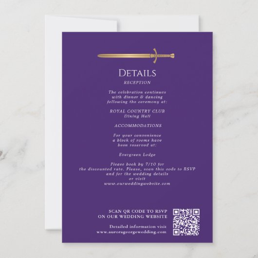 Purple Royal Medieval Gold Sword Wedding QR Code 招待状 (裏面)