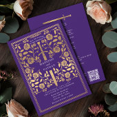 Purple Royal Medieval Gold Sword Wedding QR Code 招待状