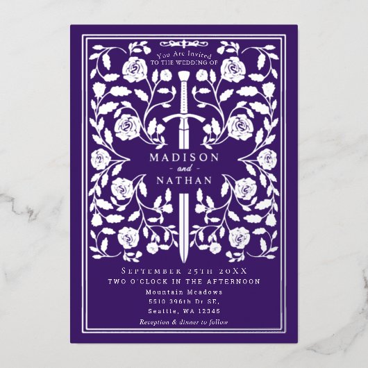 Purple Royal Medieval Silver Sword Wedding 箔招待状 (正面)