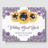 Purple Rustic Floral Lace Sunflower Wedding ゲストブック (正面)
