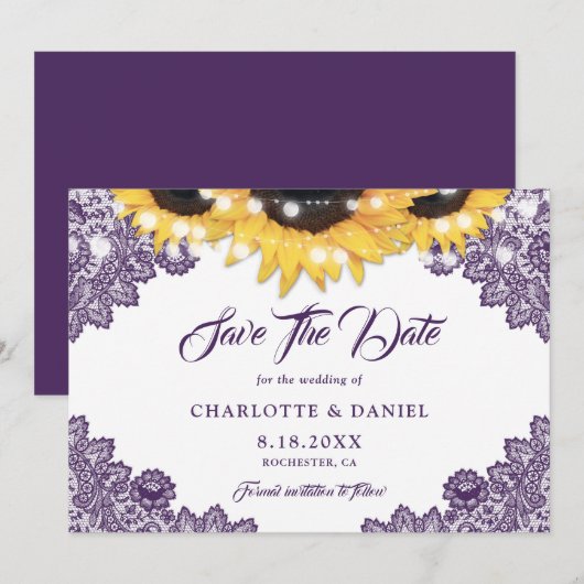 Purple Rustic Floral Lace Sunflower Wedding セーブザデート (正面/裏面)
