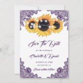 Purple Rustic Floral Lace Sunflower Wedding セーブザデート (正面)